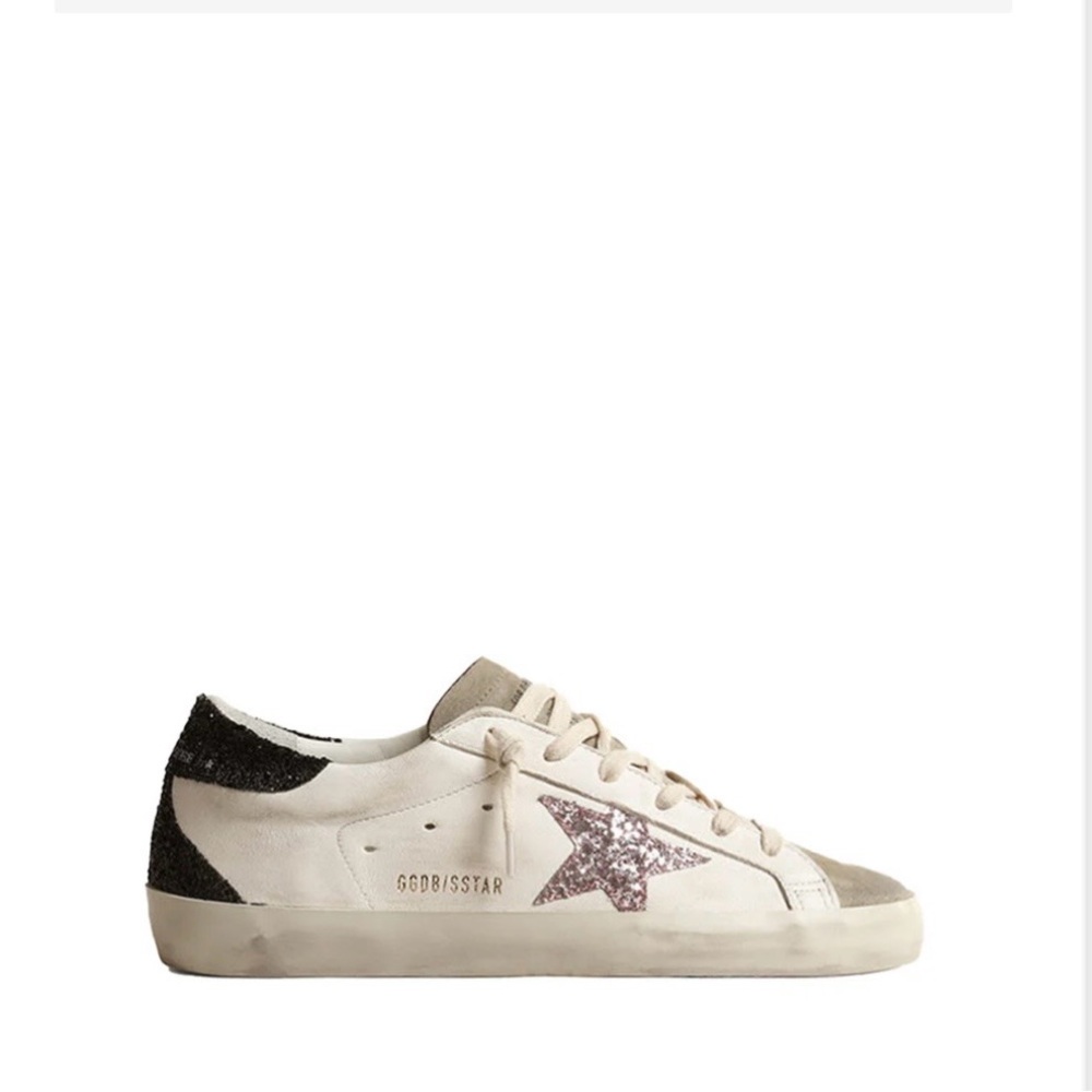 Golden Goose White Leather Sneaker with Pink Glitter Star and Black Heel
